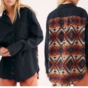 We The Free Chambray Aztec Print Oversized Button Down
